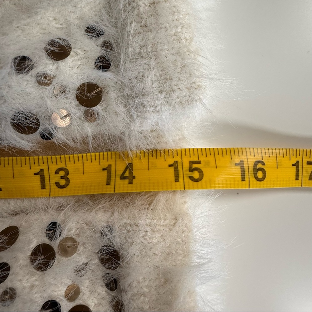Anthropologie Knitted & Knotted Soiree Open Sweater White Gold Sequin Medium - Picture 8 of 8